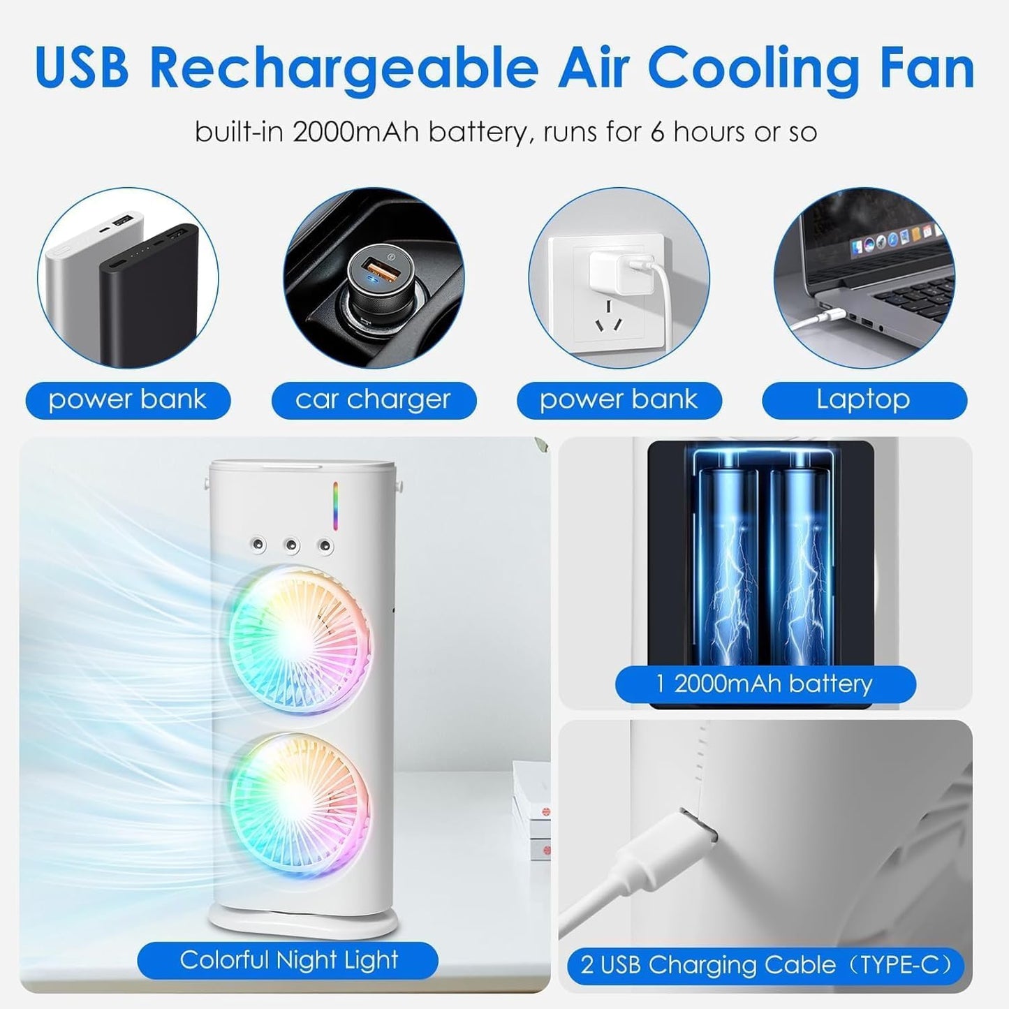Portable Double Headed Mini Air Cooler | Mist Humidifier & USB Rechargeable Cooling Fan
