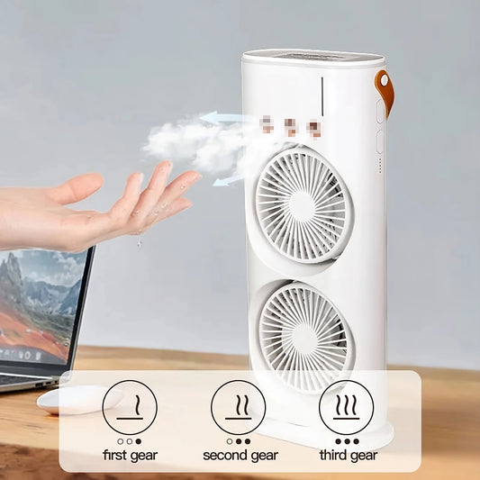 Portable Double Headed Mini Air Cooler | Mist Humidifier & USB Rechargeable Cooling Fan